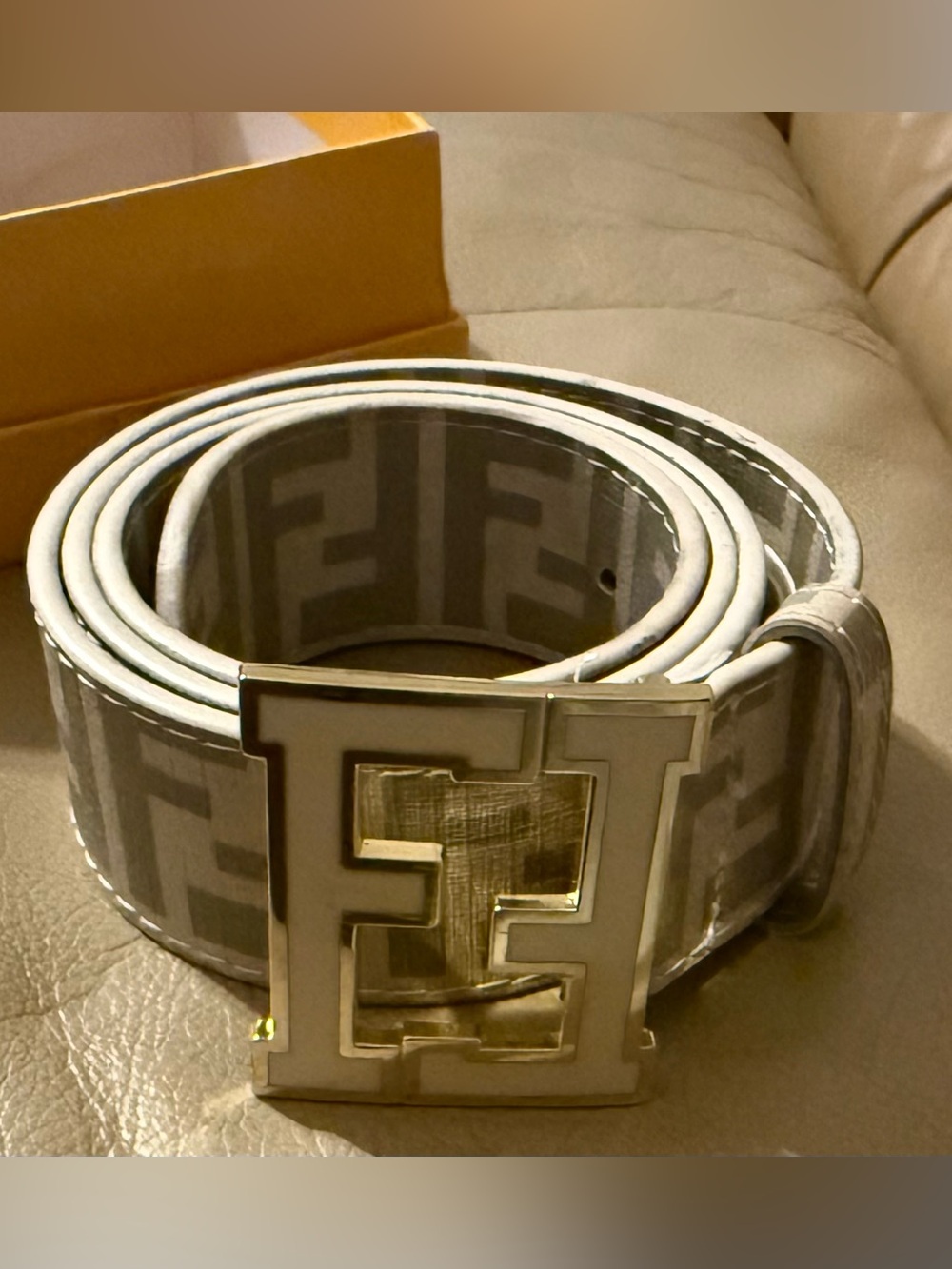 Fendi White and Gray FF Logo Belt with Gold Buckle